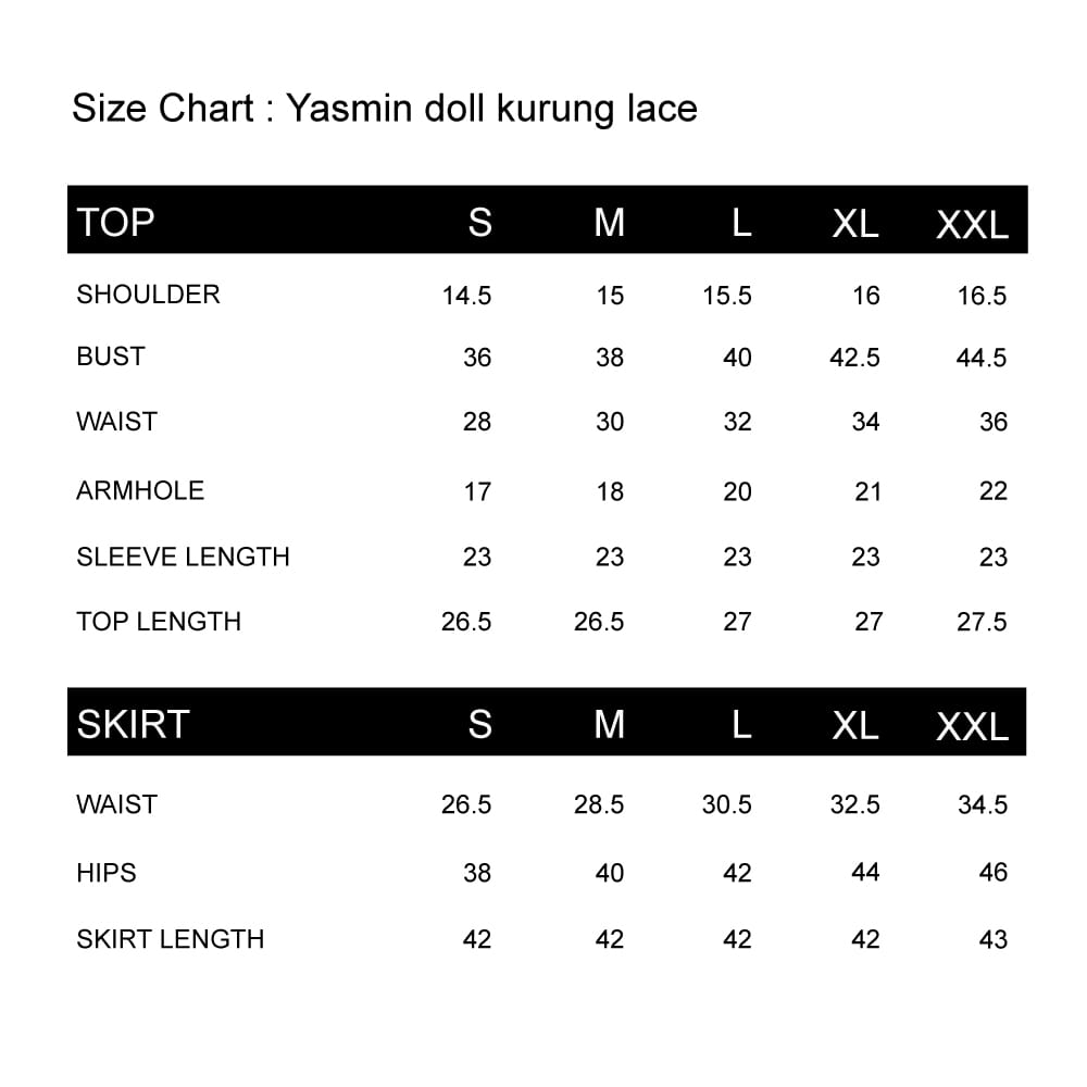 Yasmin lace size chart