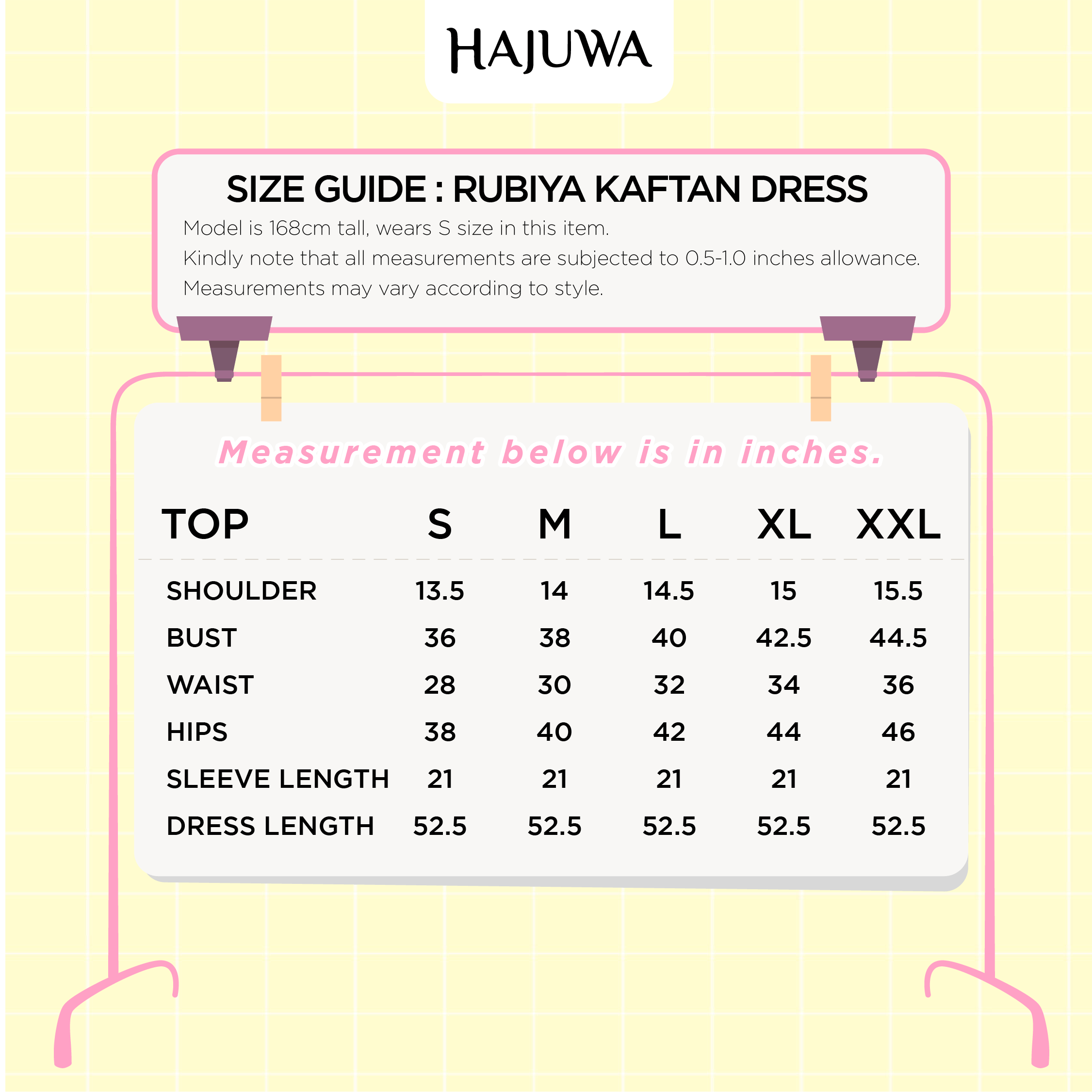 Rubiya kaftan dress size chart