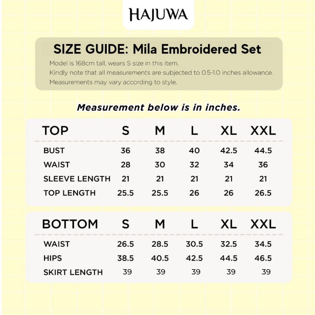 Mila Embroidered Set Size Chart