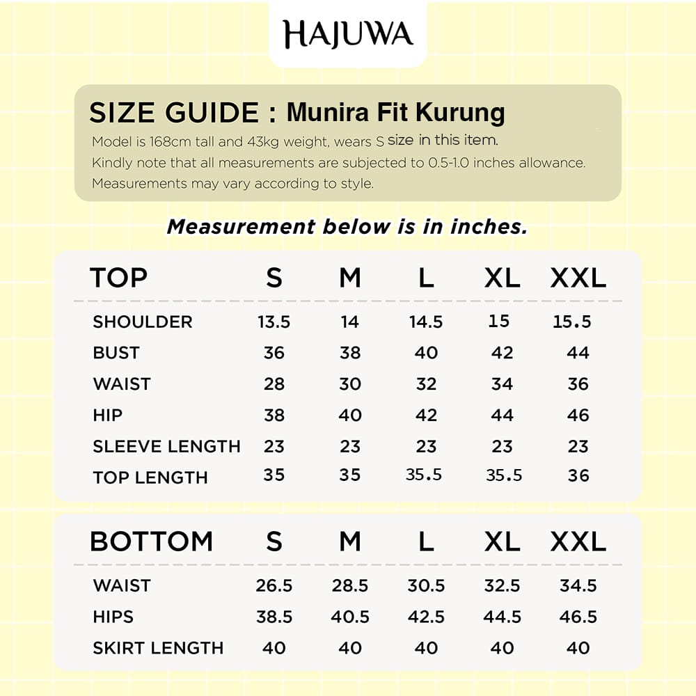 Munira Fit Kurung Size Chart