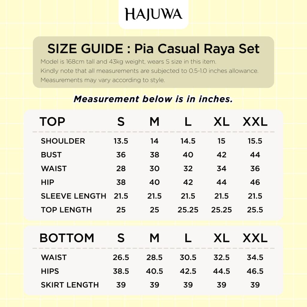 Pia Casual Raya Set Size Chart
